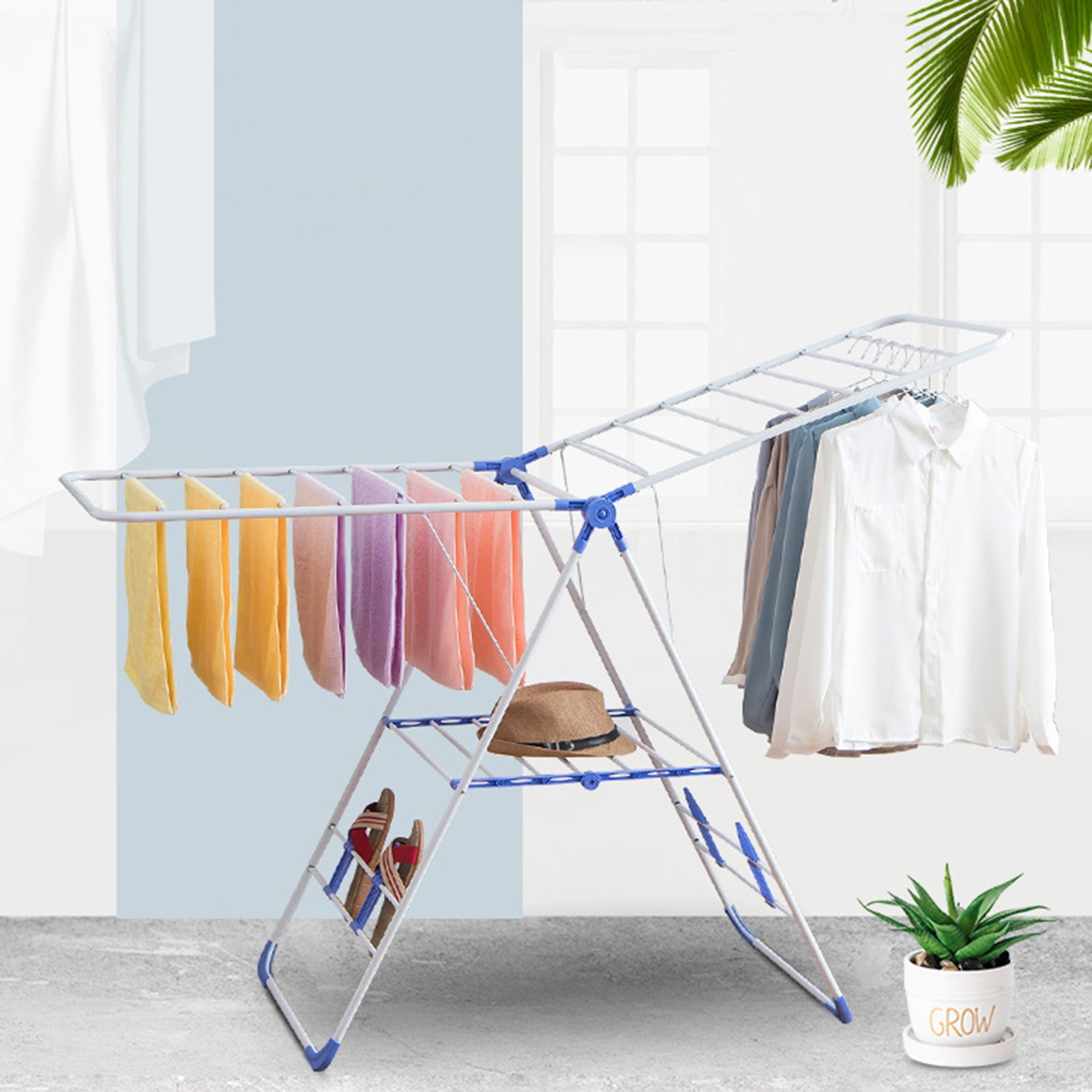 Delaman Foldable Clothes Drying Rack Metal Space-Saving Laundry Clothes Dryer Hanger Heavy Duty 2-Level Stable Indoor Airer, White & Blue