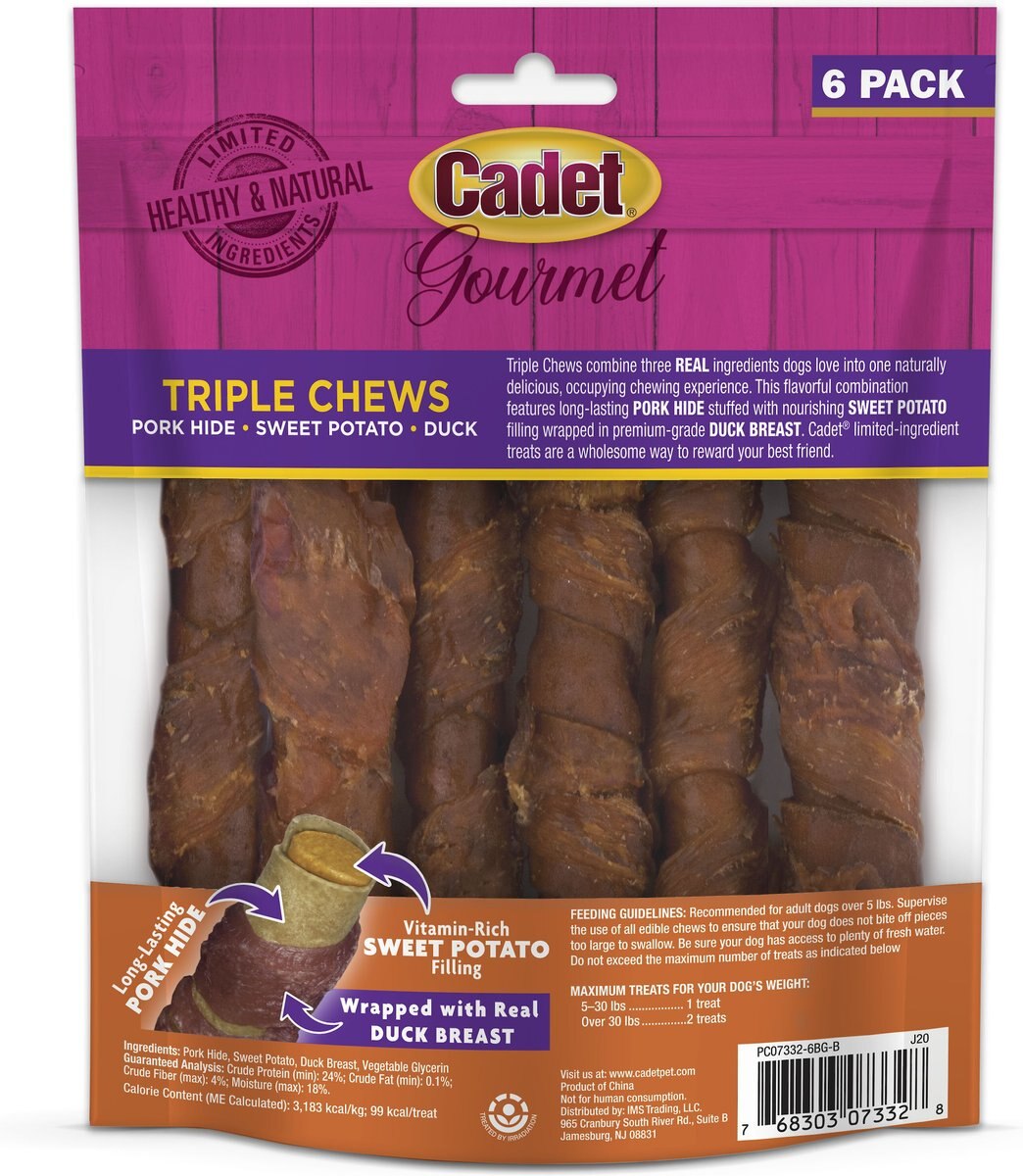 Cadet Gourmet Triple Chews Sweet Potato， Duck， and Pork Hide Twists Dog Treats， 6 count