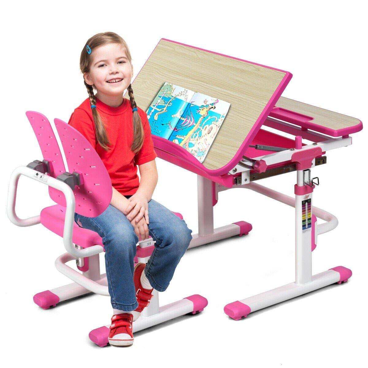 Kids Desk and Chair Set, Height Adjustable, Children Study Table with Tilted Desktop