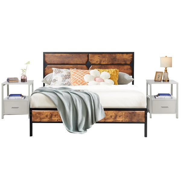 Taomika Industrial 3-pieces Bed with Wood Headboard and Square Nightstands Set - - 35162736