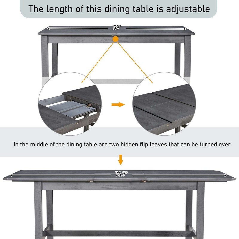 6 piece Dining Table Set  Adjustable Table Length with Hidden Flip Leaves