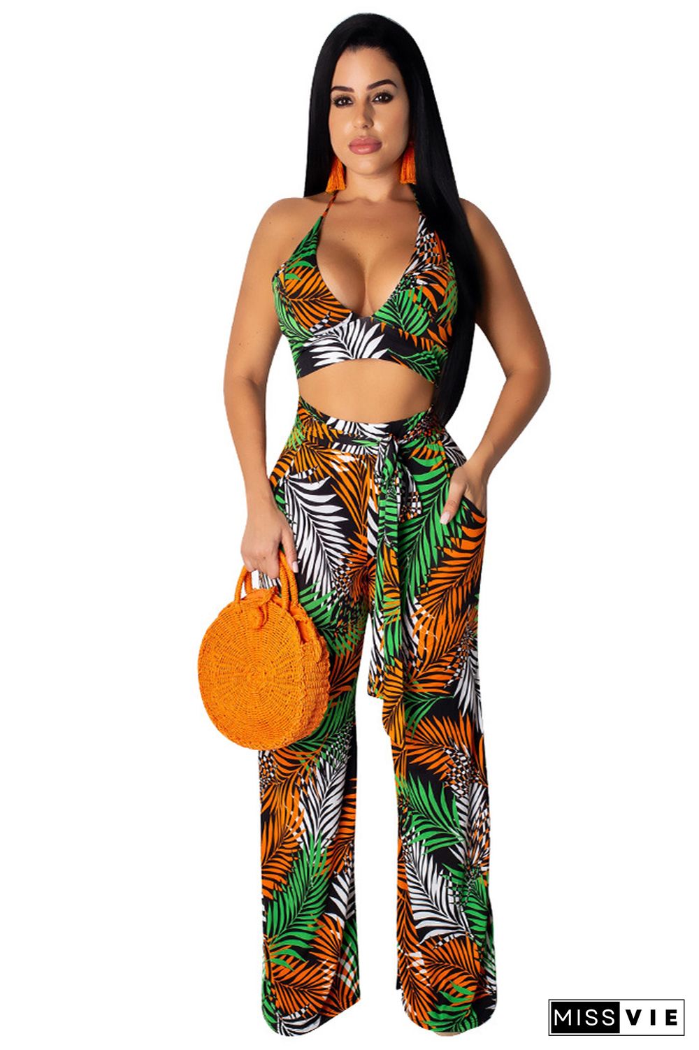 Multi-Color 2 Piece Outfits - Floral Jumpsuits Long Pants Sets Sleeveless Crop Tops