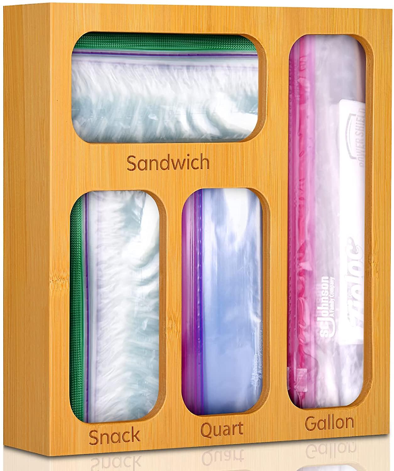 Miman Bamboo Sandwich Bag Organizer Compatible With Ziploc， Glad， Hefty， Solimo， For Gallon， Quart， Sandwich and Variety Size Bags