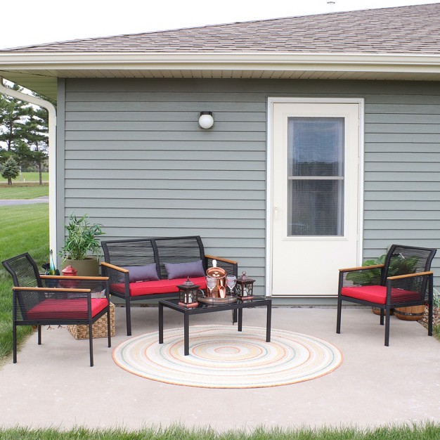 Sunnydaze Outdoor Rattan Coachford Patio Conversation Furniture Set With Loveseat Chairs Seat Cushions And Coffee Table 4pc