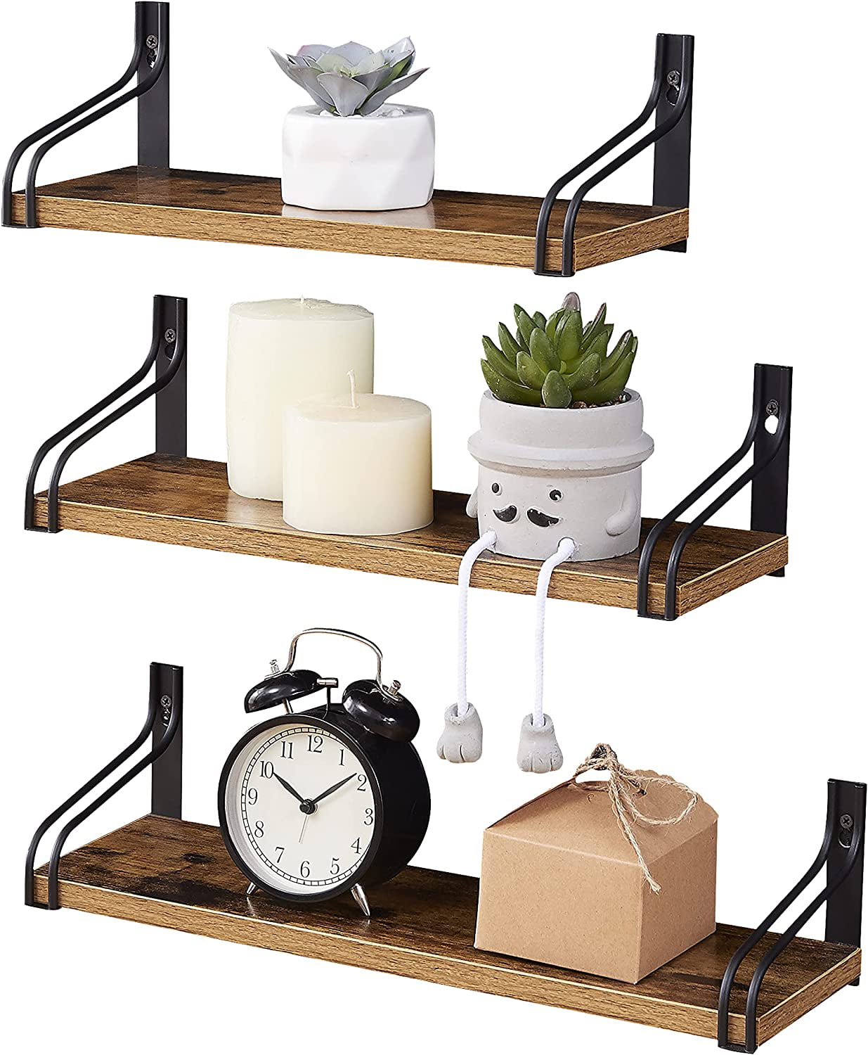 Rustic Wood Floating Shelves Wall Mounted Storage with Metal Brackets Set of 3