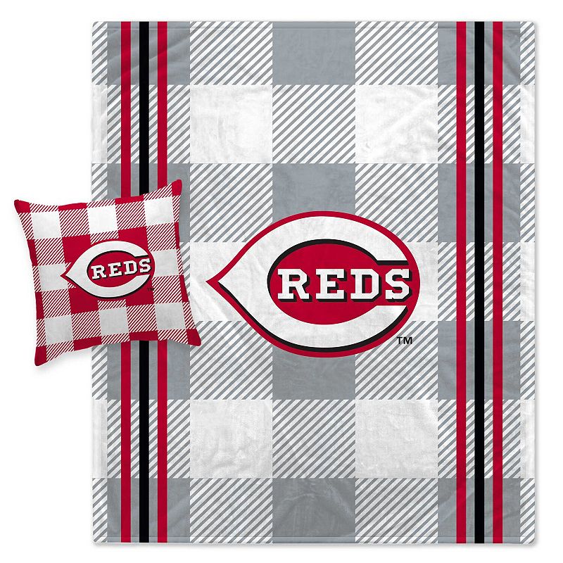 Pegasus Cincinnati Reds Gray Plaid Stripes Blanket and Pillow Combo Set