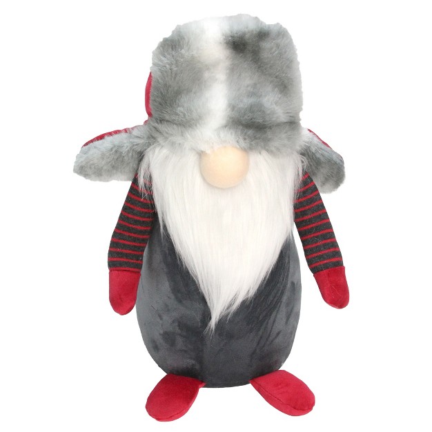 Light Grey Gnome With Red And Grey Fur Trapper Hat Christmas Decoration