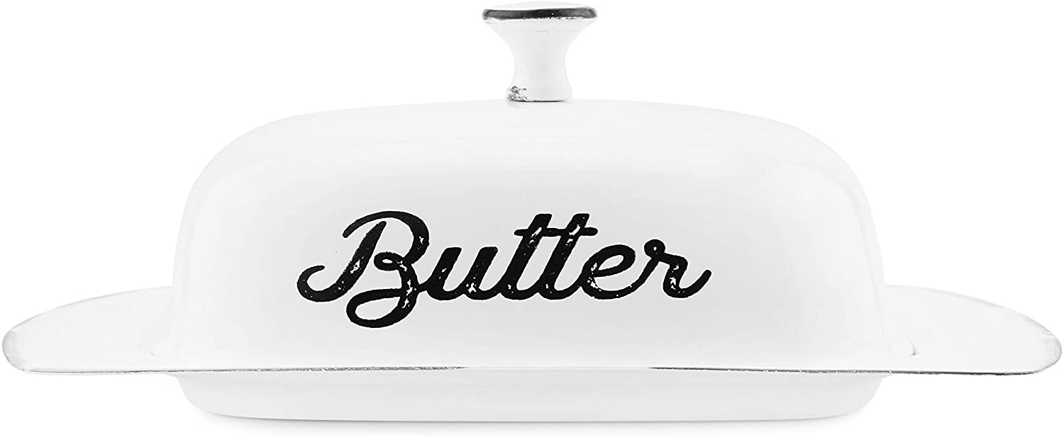 AuldHome Farmhouse White Butter Dish， Vintage Style Enamelware Butter Dish with Cover