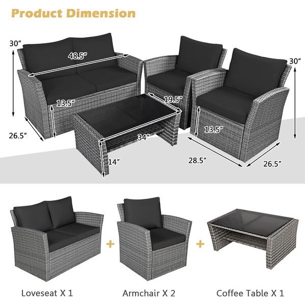 Gymax 4PCS Patio Rattan Conversation Set Outdoor Furniture Set w/