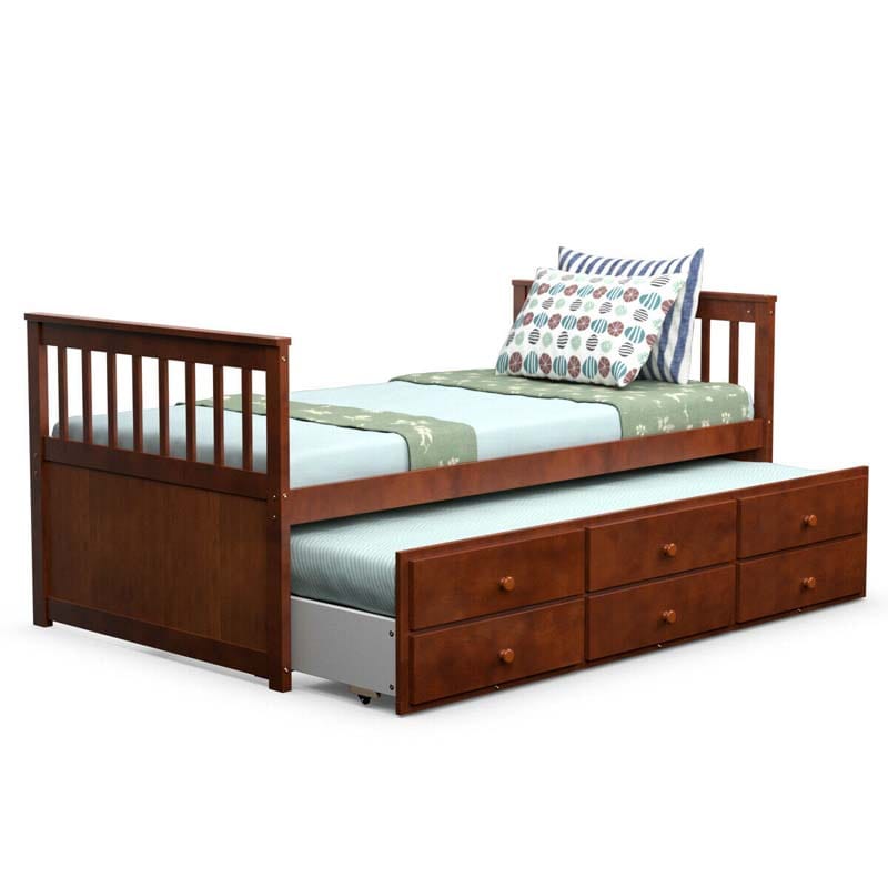 Twin Captain's Bed with Trundle Bed, Storage Daybed with 3 Drawers, Wooden Platform Bed for Kids Guests Sleepovers