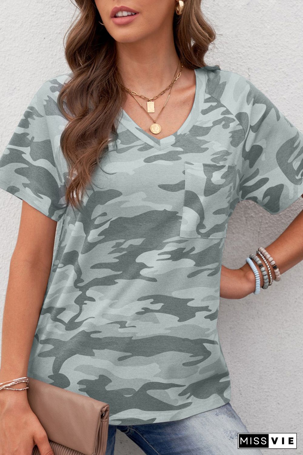 Green V Neck Front Pocket Camo Tee