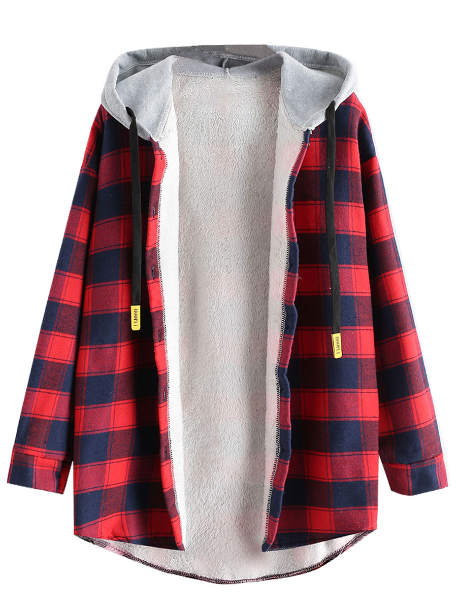 Casual Loose Check Panel Lambsool Hooded Blouse