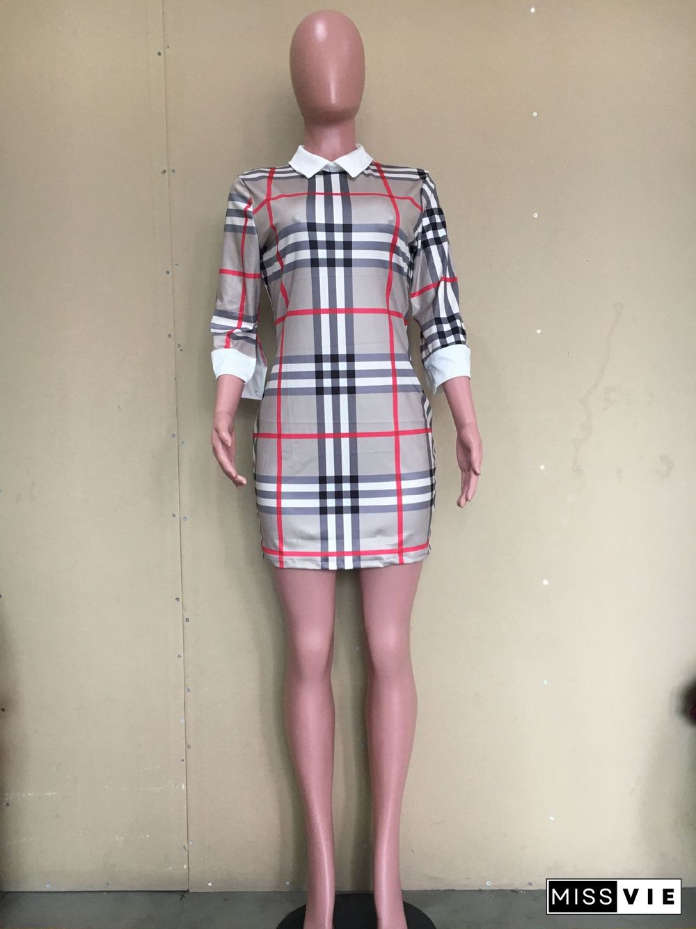 Plaid Print 3/4 Sleeve Elegant Short Dresses