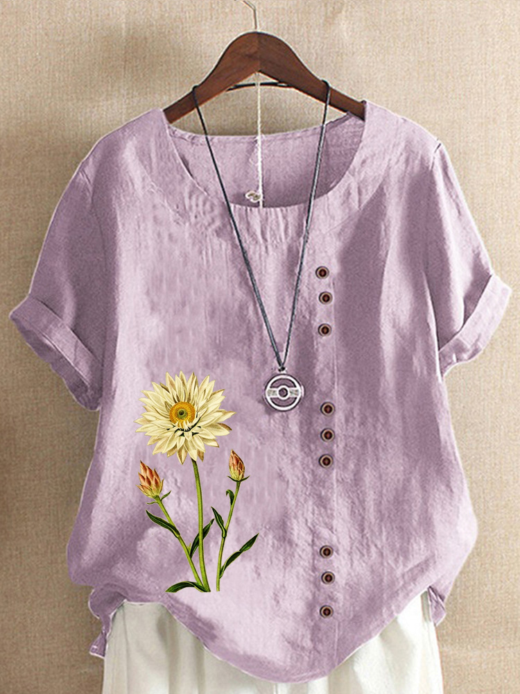 Round Neck Casual Loose Floral Print Short Sleeve Blouse