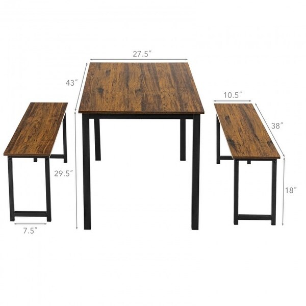 3 Pieces Modern Dining Table Bench Set with Wooden Tabletop and Metal Frame