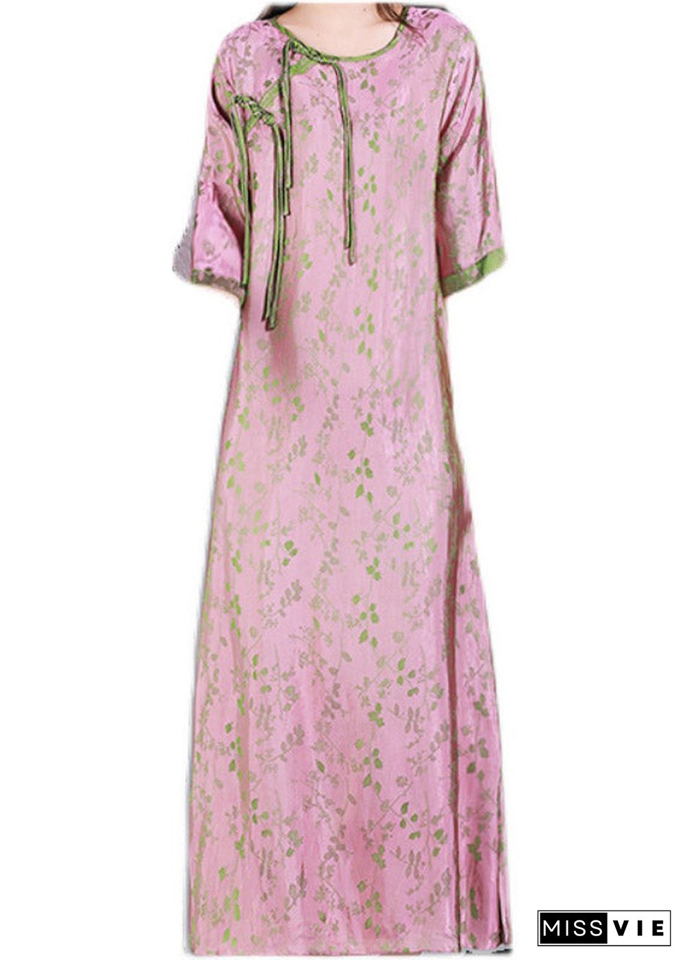 Jacquard Pink O-Neck Print Button Silk Long Dress Half Sleeve