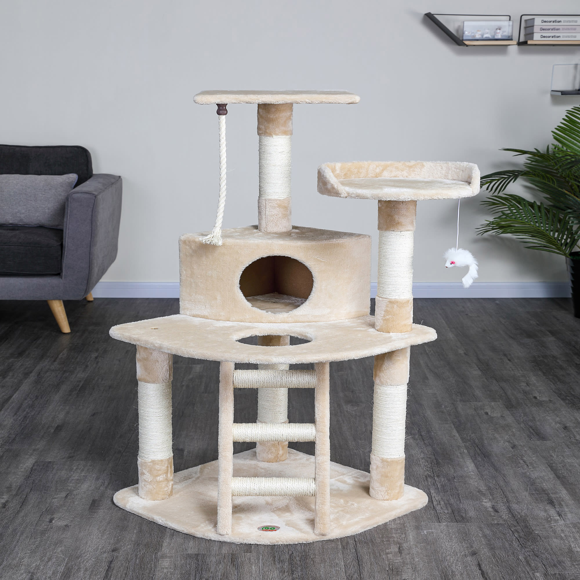 Go Pet Club Beige 48 Cat Tree Condo with Hanging Toys and Ladder