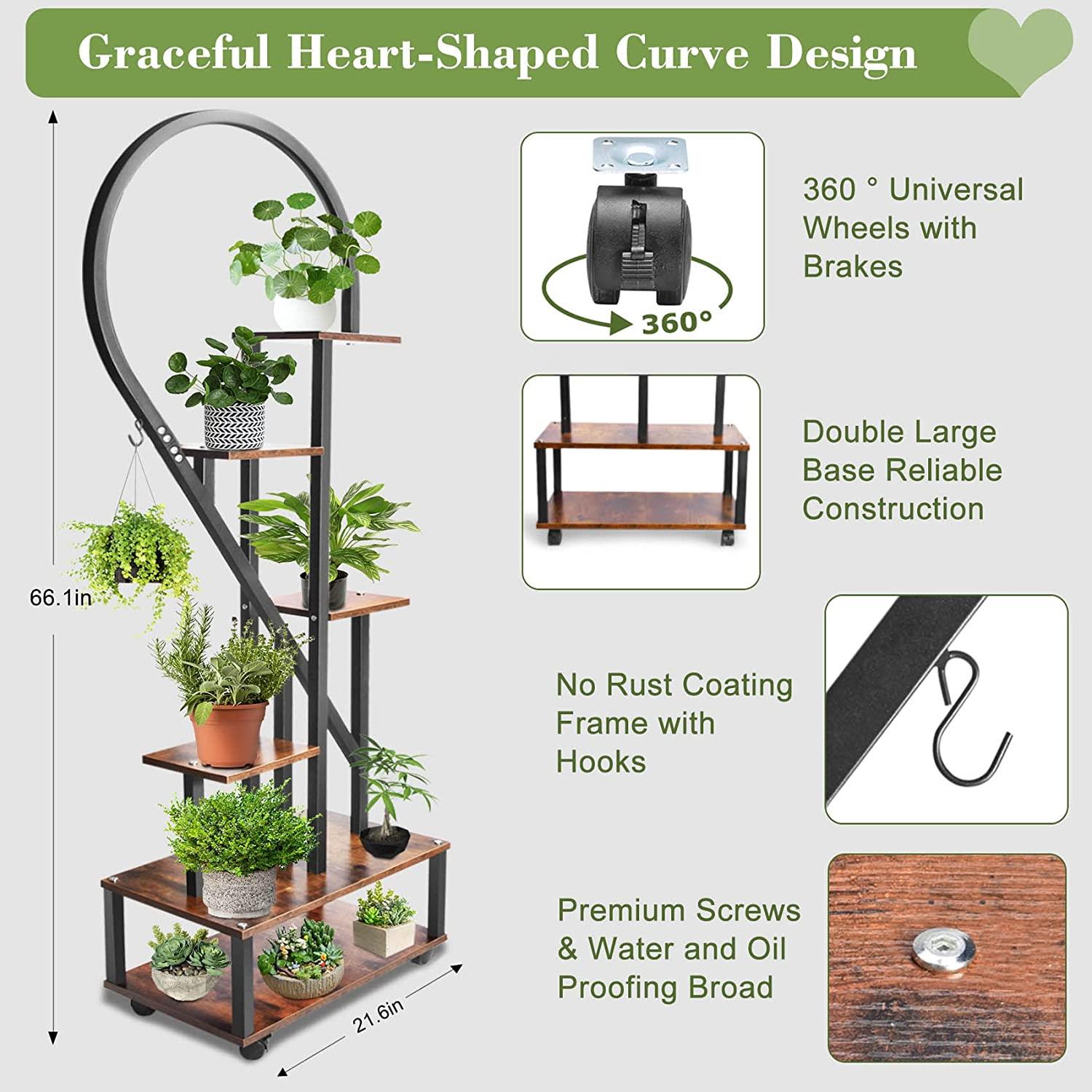 Metal Plant Stand Indoor with Wheels, Creative Heart Shape Plant Shelf Holder, 6 Tier Tall Plant Stand for Indoor Plants Multiple Plant Rack for Home Decor, Balcony, Patio, Garden.Extra Gardening Tools &Screwdriver Drill Bit as gifts