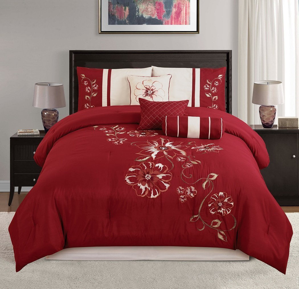 Chezmoi Collection Miranda 7-Piece Floral Hibiscus Embroidered Comforter Set