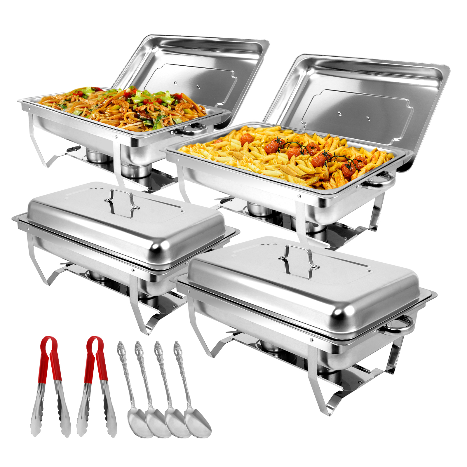 BreeRainz 4 Pack 8QT Chafing Dish Buffet Set， Stainless Steel Food Warmer Set， Rectangular Buffet Server with Tongs and Spoons for Parties， Catering， Banquets， Events (Full Size)