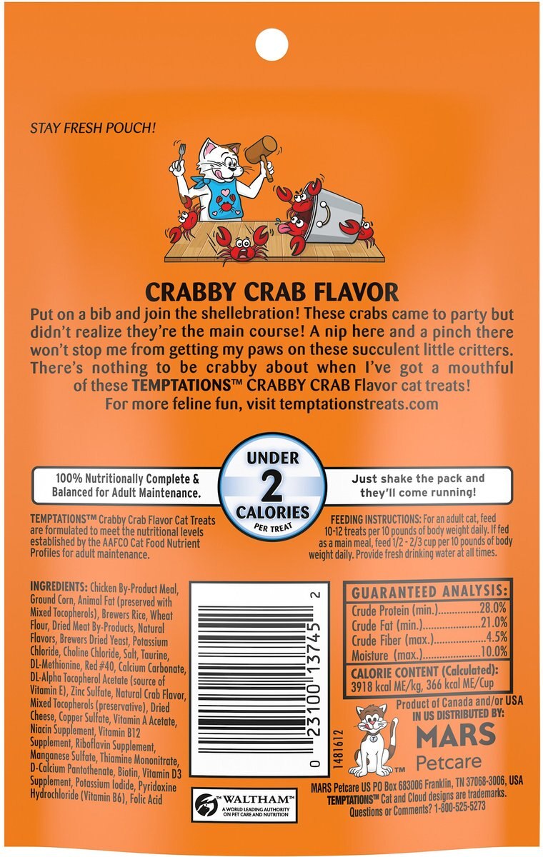 Temptations Classic Crabby Crab Flavor Crunchy and Soft Cat Treats， 3-oz bag