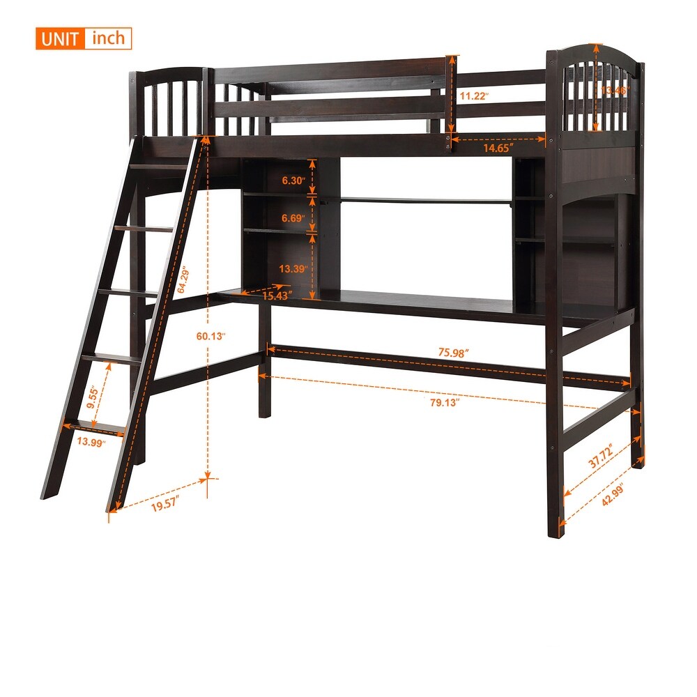 Multifunctional Design Twin size Loft Bed with Storage Shelves  Desk and Ladder