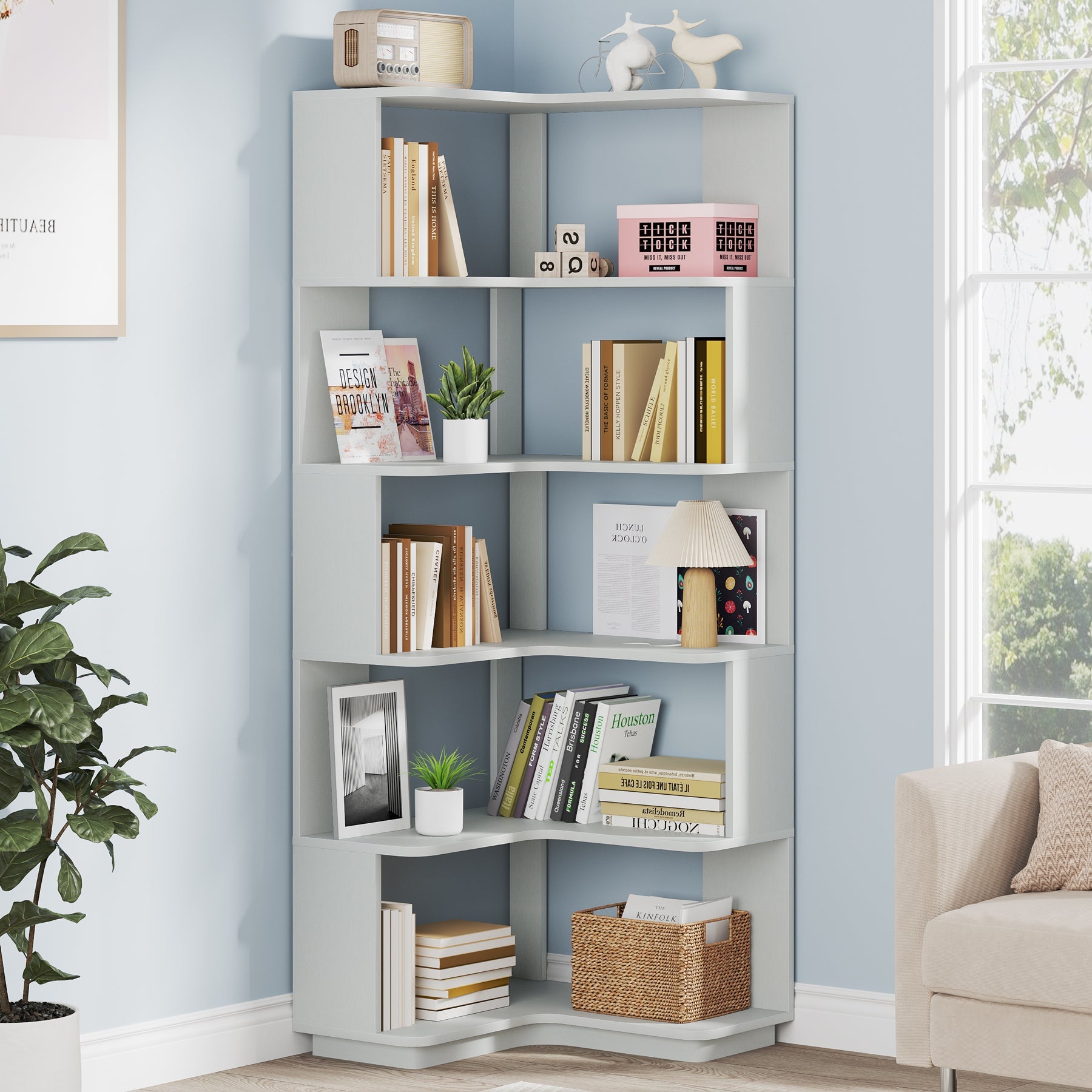 6-Tier Corner Bookshelf, 64.96 Corner Bookcase with Anti-Drop Panel