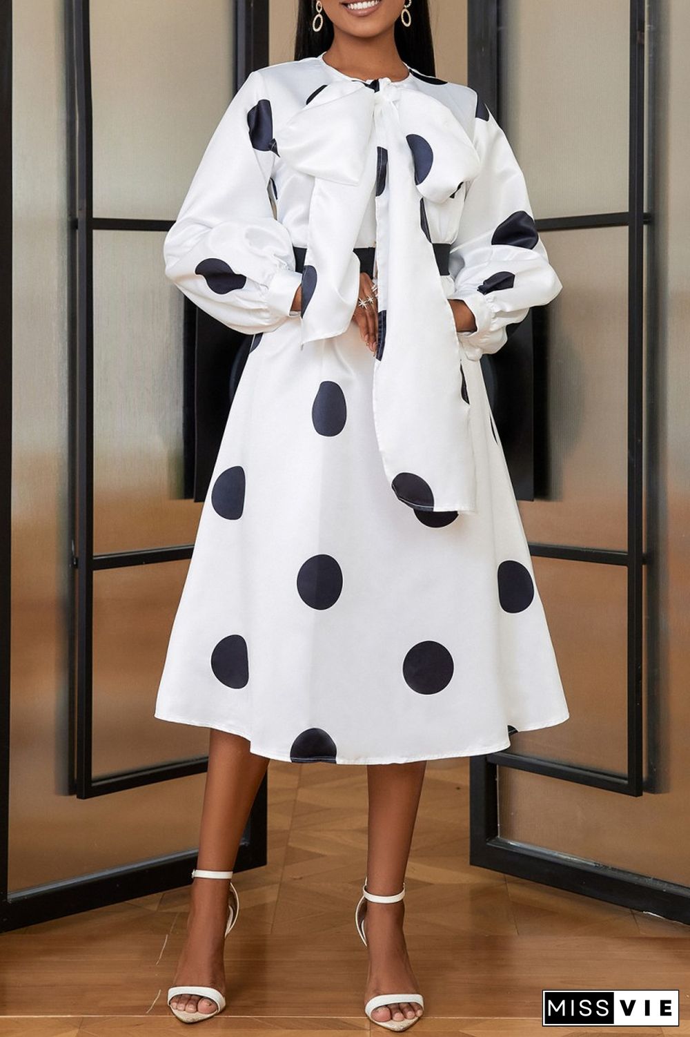 Casual Dot Print With Belt With Bow O Neck Long Sleeve Dresses