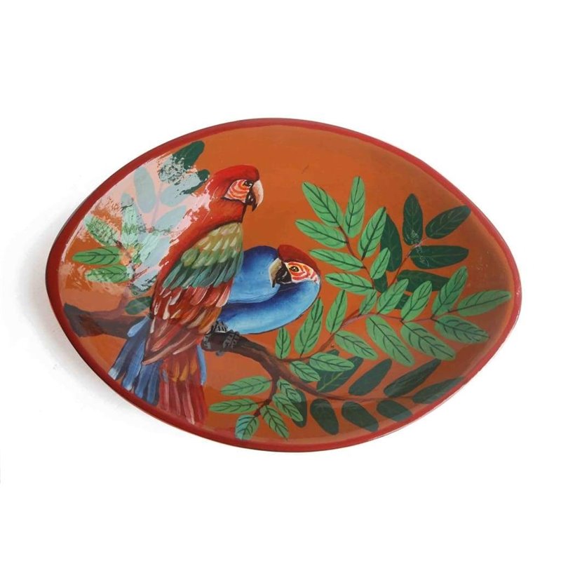 House of Avana Hand-Carved Wood Salad Bowl with Hand-Painted Parakeets in Orange