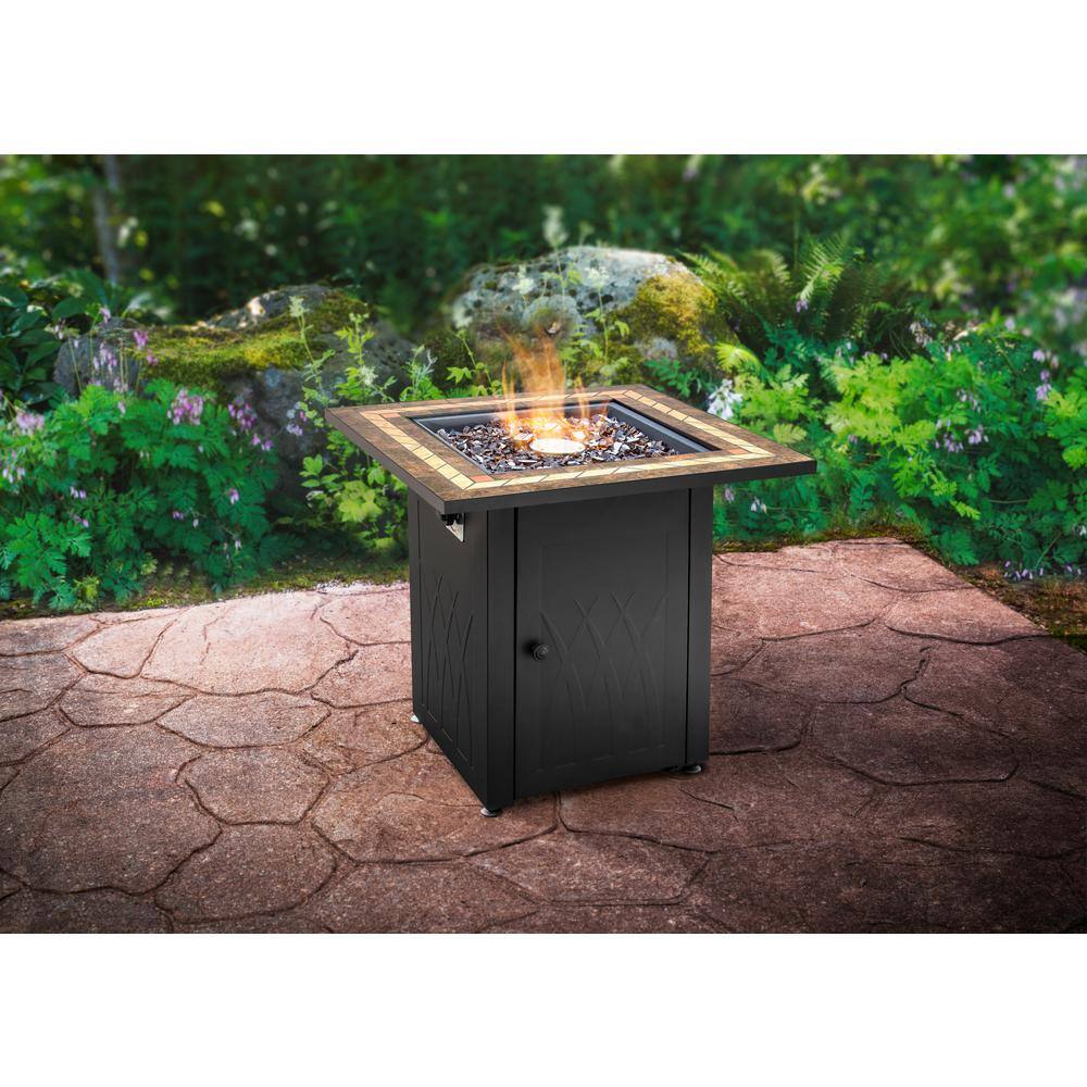 Pleasant Hearth Atlantis 28 in. x 26 in. Square Steel Propane Gas Fire Pit Table in Black with Glass Fire Rocks OFG824T