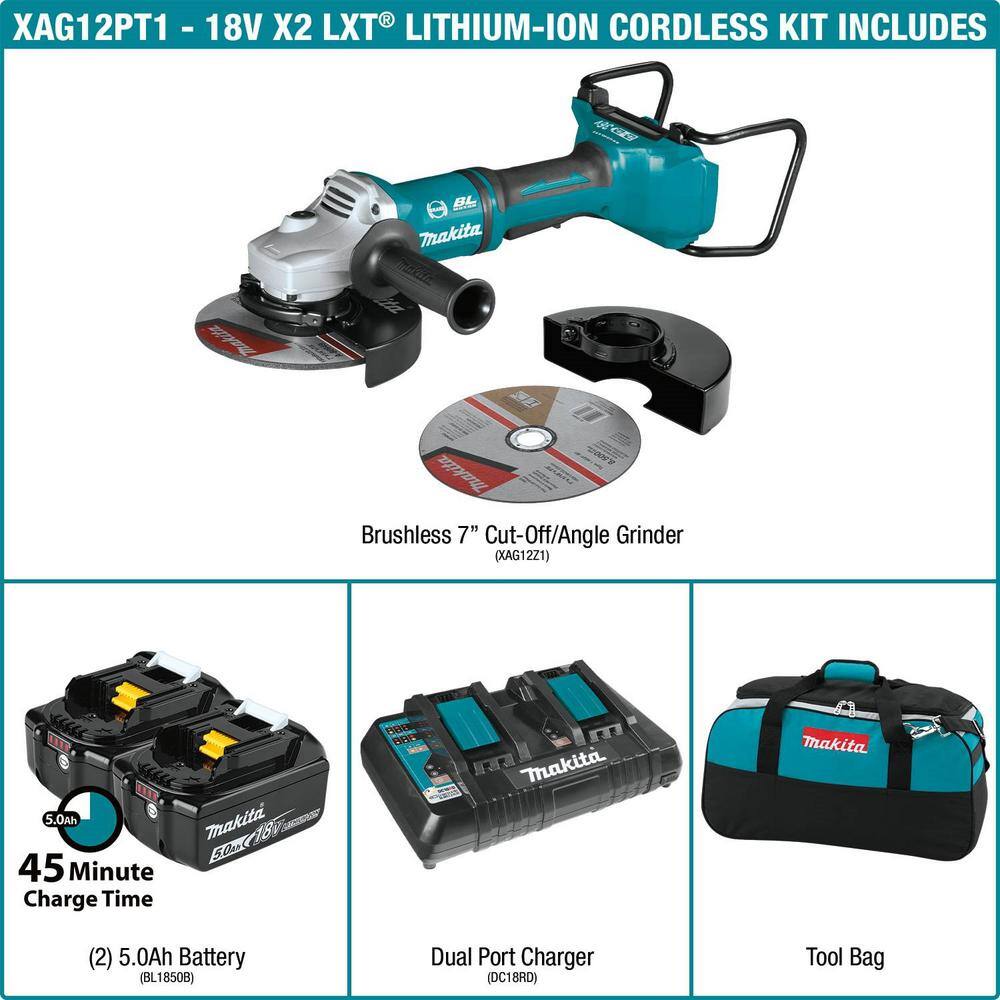 Makita 18V 5.0Ah X2 LXT Lithium-Ion (36V) Brushless Angle Grinder Kit XAG12PT1