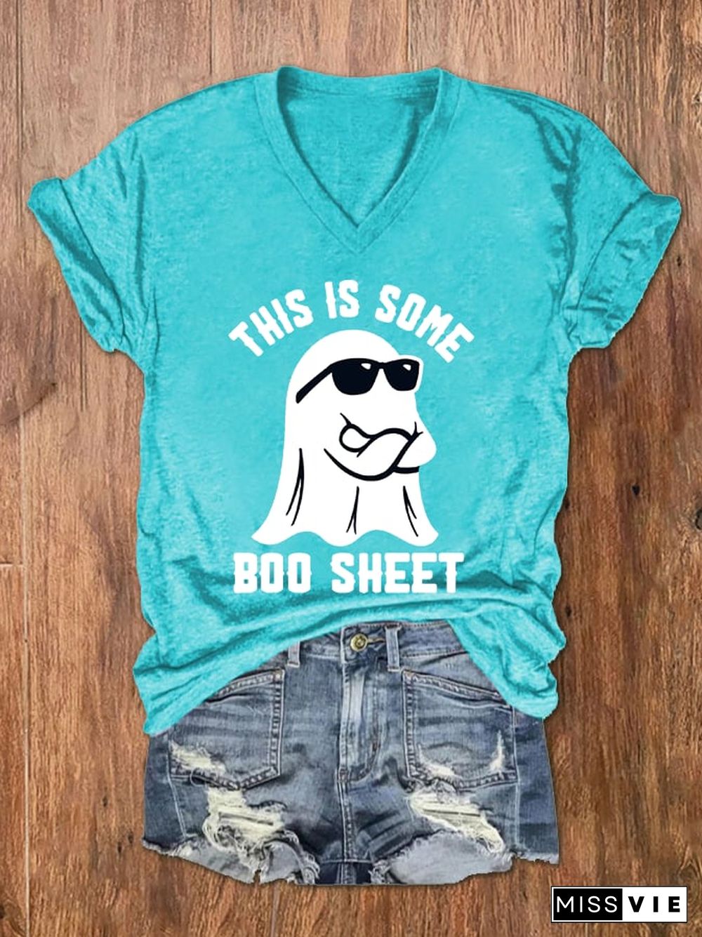 Women's Halloween This Is Some Boo Sheet Print V-Neck T-Shirt