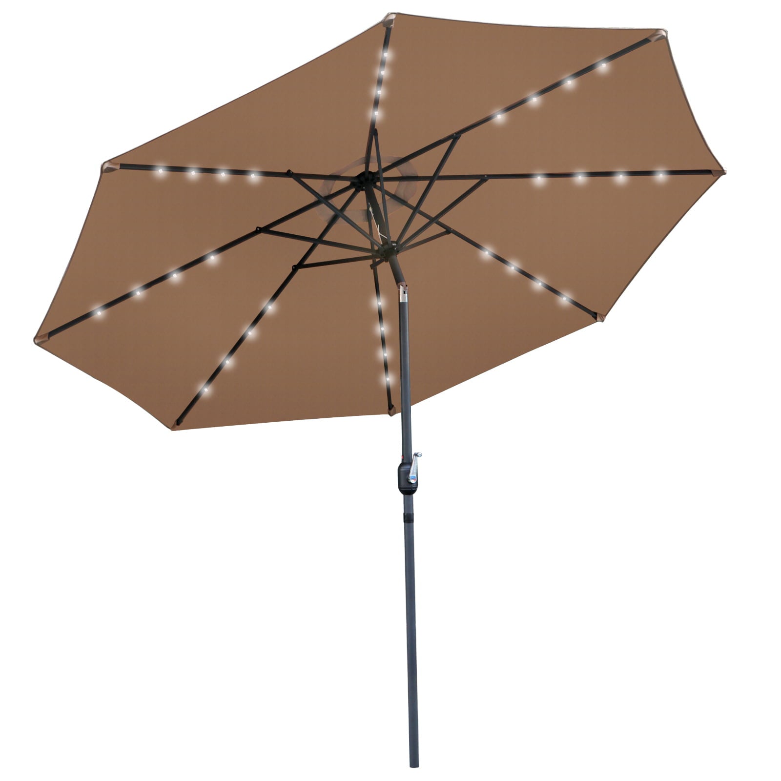 Zeny 10 ft Patio Backyard Umbrella LED Solar Power W/ Crank Lift System, Tan