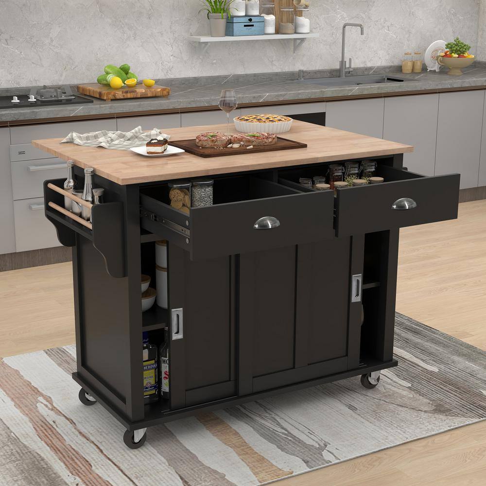 Black Rubber Wood Top 52.2 in. W Kitchen Island on 4-Wheels with Sliding Barn Door and 2-Drawers VJ033KIsland26