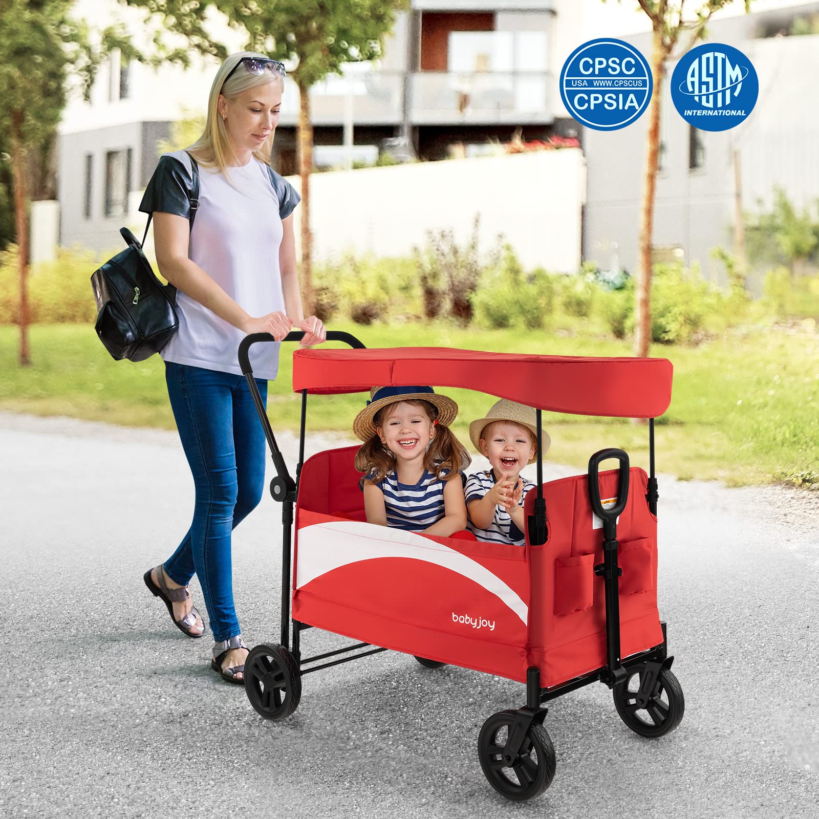 Collapsible Wagon Stroller for 2 Kids & Cargo, Push Pull Double Stroller