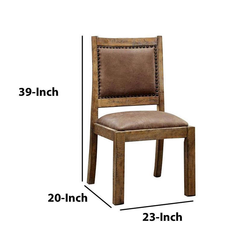 Rustic Wood Dining Chair， Vegan Faux Leather， Nailhead Trim， Set of 2，Brown