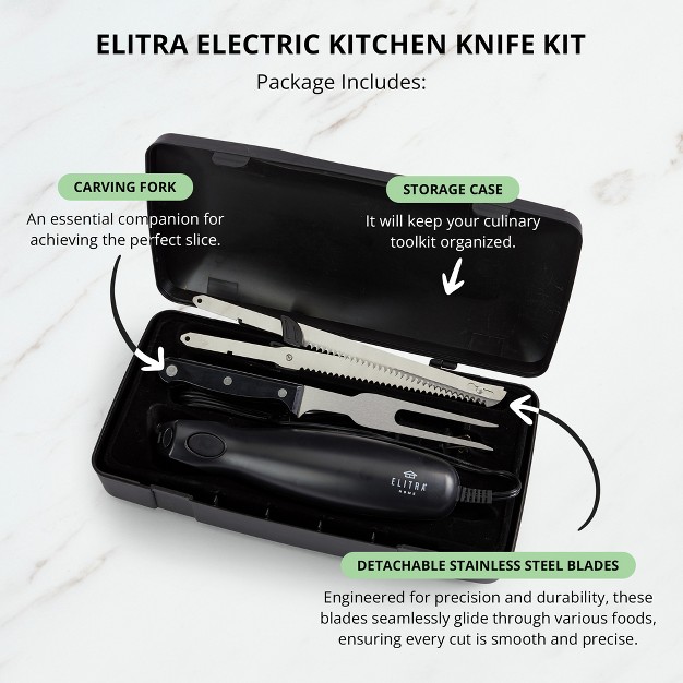 Elitra Home Professional Grade Easy Slice Electric Kitchen Knife Includes Stainless Steel Serrated Blade Carving Fork And Storage Case