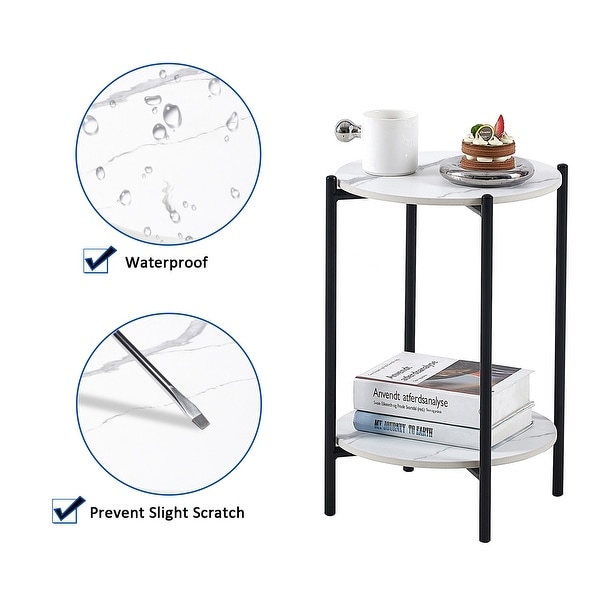 2-layer End Table with Tempered Glass and Marble Tabletop