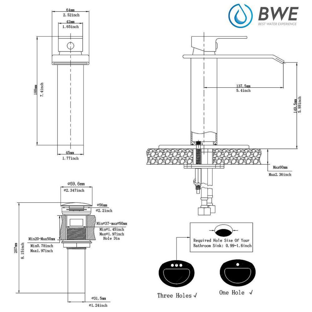 BWE Waterfall Single Hole Single-Handle Low-Arc Bathroom Faucet With Pop-up Drain Assembly in Matte Black A-96004-Black