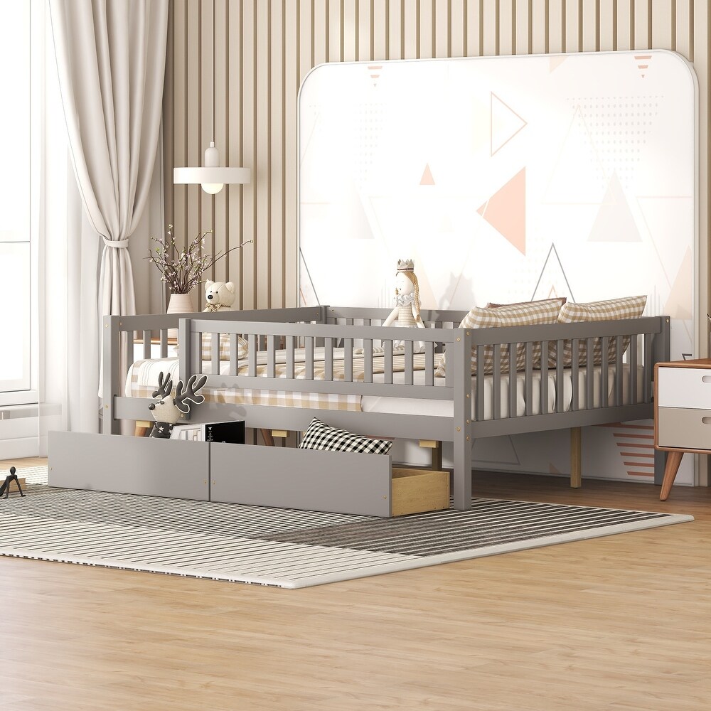 Full Size Daybed Platform Bed Wood Sofa Bed with 2 Storage Drawers and Safey Rail for Kids Bedroom