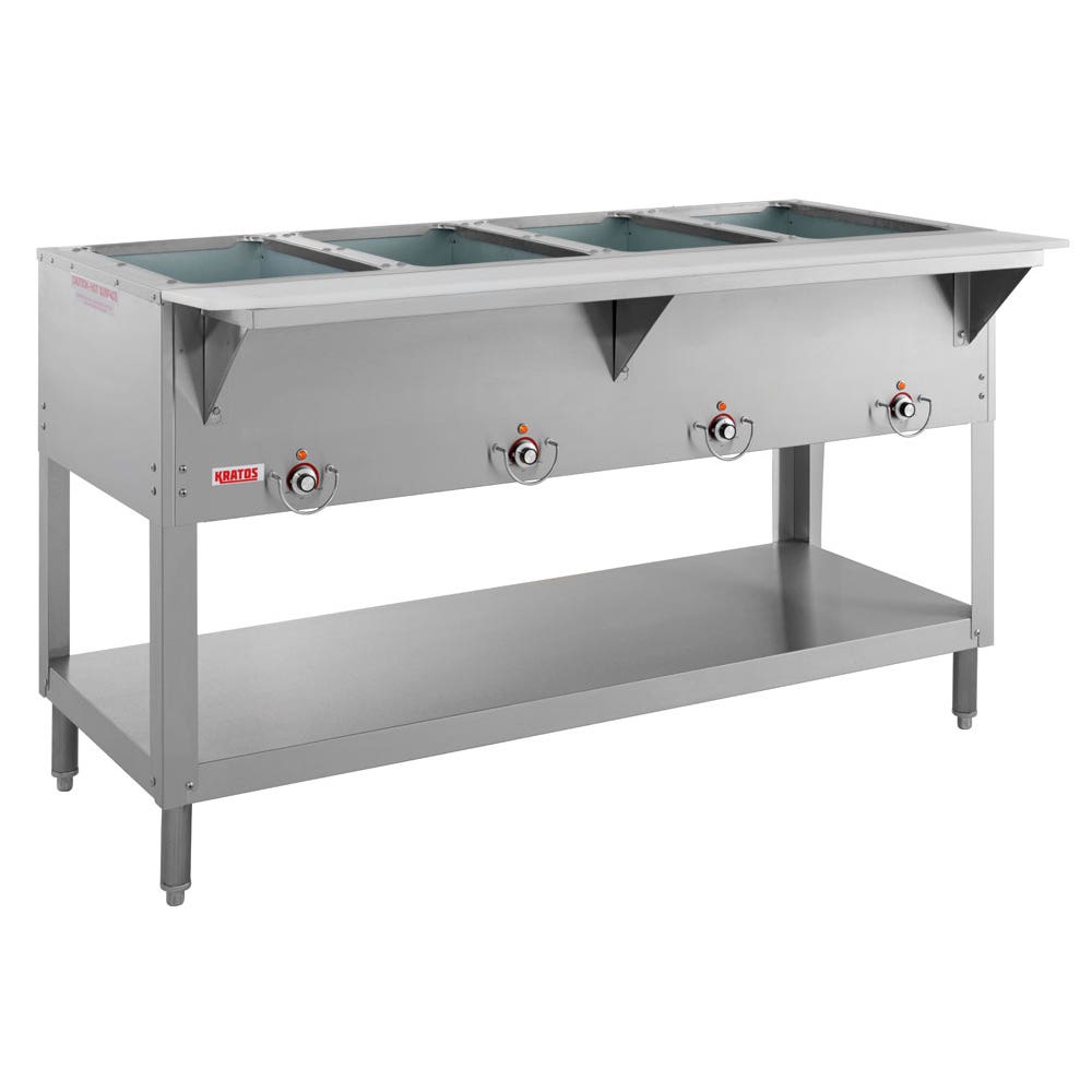 Kratos 28W-111 Stationary Four Pan Open Well Electric Steam Table with Undershelf， 120V， 2000W