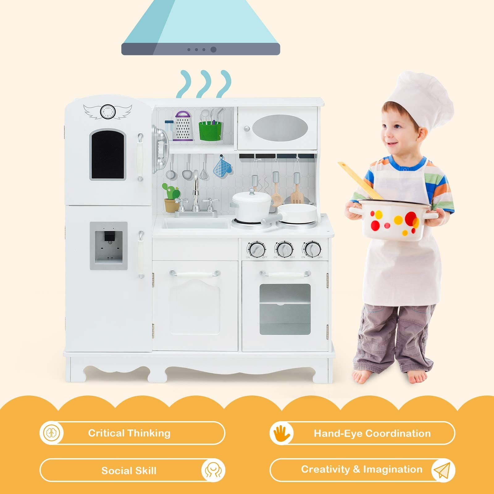 Costzon Kids Kitchen Playset, Wooden Pretend Cooking Playset w/ Stove, Fridge, Microwave, Removable Sink