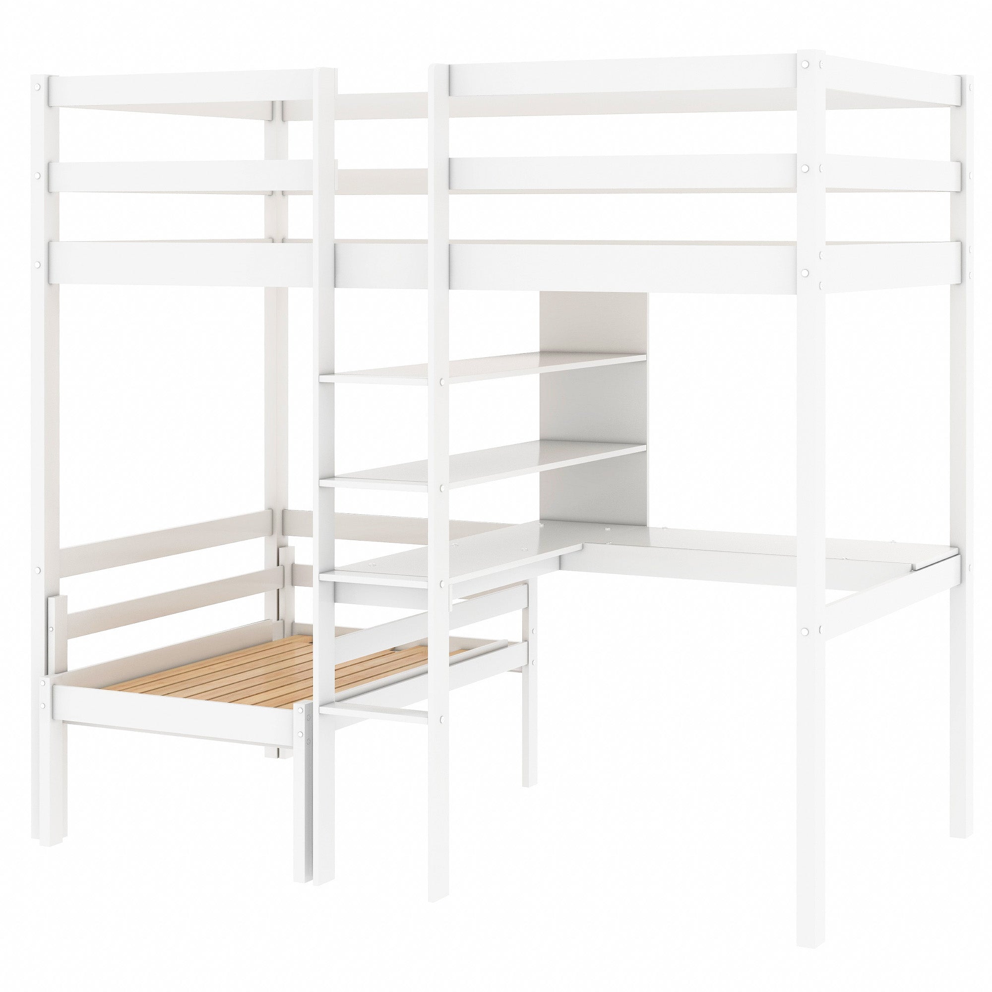 Euroco Twin Size Wood Bunk Bed with Shelves & Desk for Kids Bedroom, White