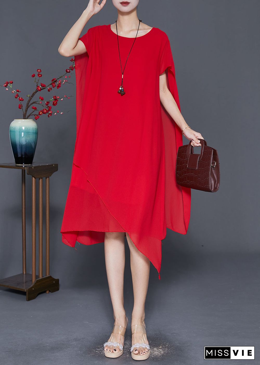 Red Chiffon Long Dress Asymmetrical Draping Cloak Sleeves