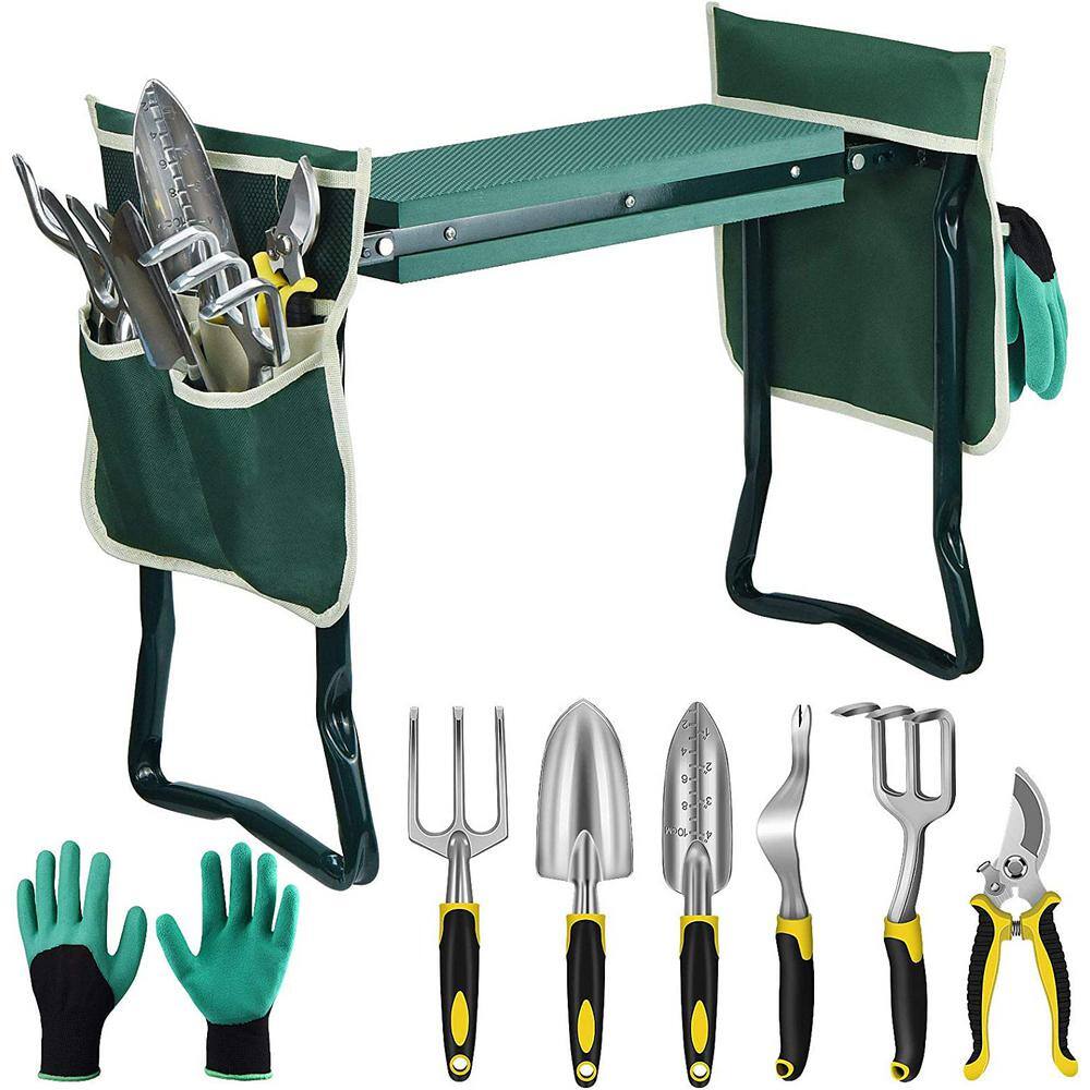 23.3 in. 6-Pieces Green Foldable Garden Seat Kneeling Chair Garden Tool Set with Soft Kneeling Cushion B08SBKNCG4