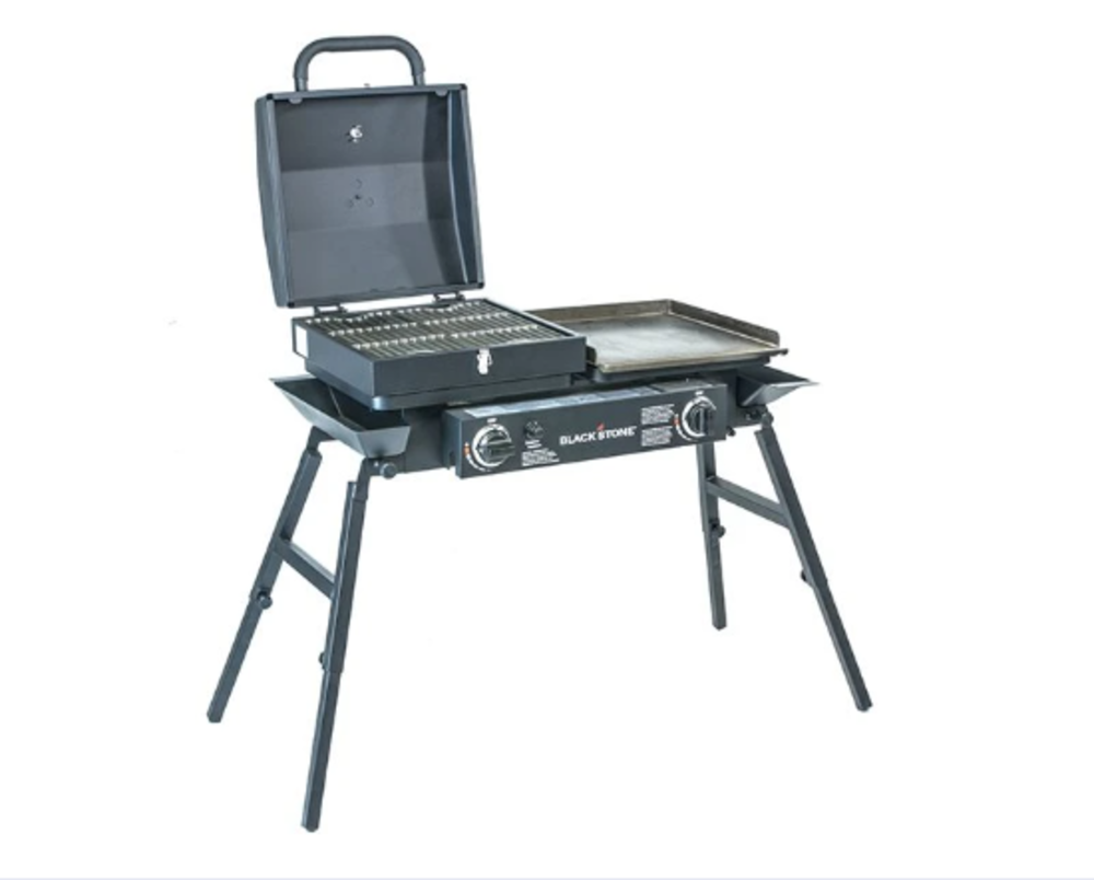 Blackstone Propane Gas Tailgater Combo in Black with Grill Box， Two Burners， and Griddle Plate 35，000 BTU 1555 ;