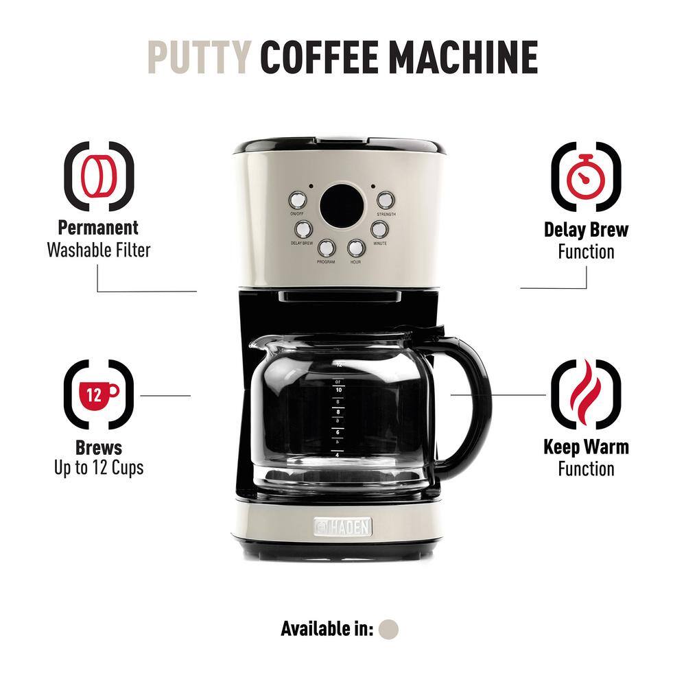 HADEN DorsetCotswold 12-Cup Putty Retro Style Coffee Maker Programmable with Strength Control and Timer 75028