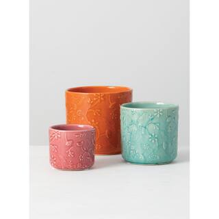 SULLIVANS 4.5quot 4quot and 2.75quot Multi-Color Ceramic Floral Relief Flower Pot (Set of 3) CM2872