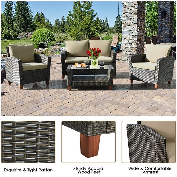 Gymax 8PCS Cushioned Rattan Conversation Set w/ Coffee Table Patio