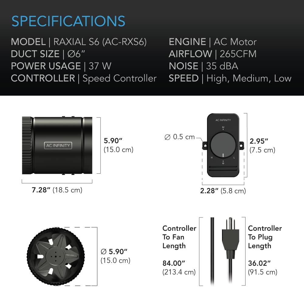 AC Infinity RAXIAL S6， Inline Booster Duct Fan 6” with Speed Controller - Low Noise Inline HVAC Blower Can Fan for Basements， Bathrooms， Kitchens， Workshops